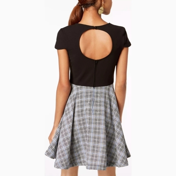 B. DARLIN Juniors' Solid & Plaid Fit & Flare Dress - Picture 2 of 5